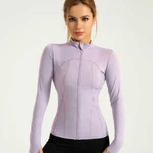 Giacca sportiva da donna con cerniera solida con foro per il pollice, capispalla con colletto alla coreana a maniche lunghe per allenamento in palestra di yoga, abbigliamento sportivo da donna per Al 1