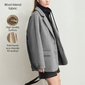 AMII Minimalism Splicing PU Woolen Coat for Women 2024 Winter New Casual Commuter Straight Loose Mid-length Outerwear 12444118 1