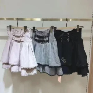 Sweet Lolita Jirai Kei Gonna a vita alta - Gonna corta con fibbia a doppio fiocco per donna Giapponese Y2K Kawaii Moda Estate Casual 1