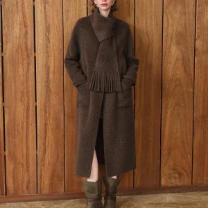 FSLE【Serie Premium】 Soprabito lungo da donna in misto lana con sciarpa staccabile - Elegante cappotto invernale per business casual 1