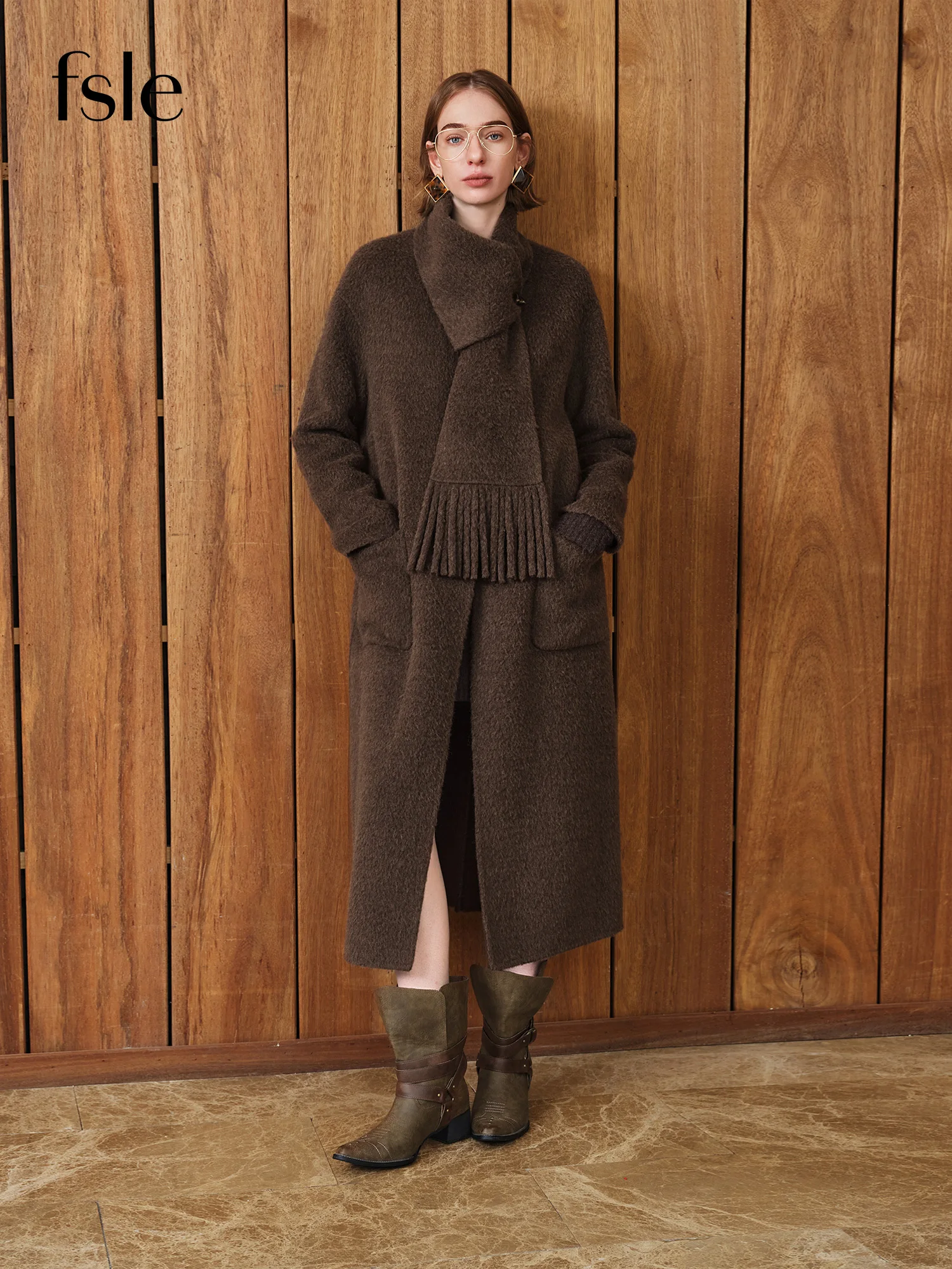 FSLE【Serie Premium】 Soprabito lungo da donna in misto lana con sciarpa staccabile - Elegante cappotto invernale per business casual 1