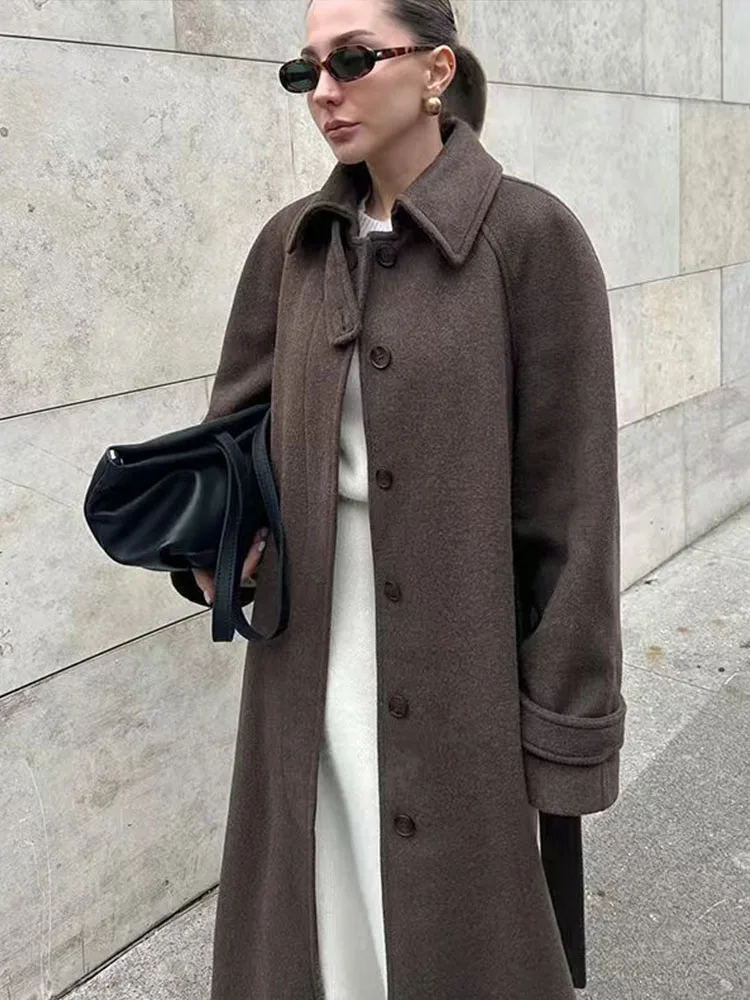 HH Giacca da donna in lana con cintura a maniche lunghe vintage moda invernale Cappotto lungo decorato con tasca monopetto casual da strada femminile 6