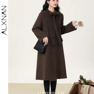 ALXNAN Cappotto di lana marrone per donna Capispalla lungo in lana double face 2025 Autunno Inverno Elegante cappotto da donna da ufficio L51007 1
