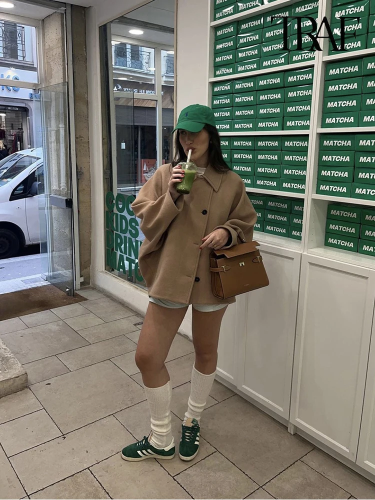 Donna Cappotto Casual Vintage Khaki Manica a pipistrello Risvolto Caldo Tweed Cappotto Autunno e Inverno Moda Sciolto Monopetto 2