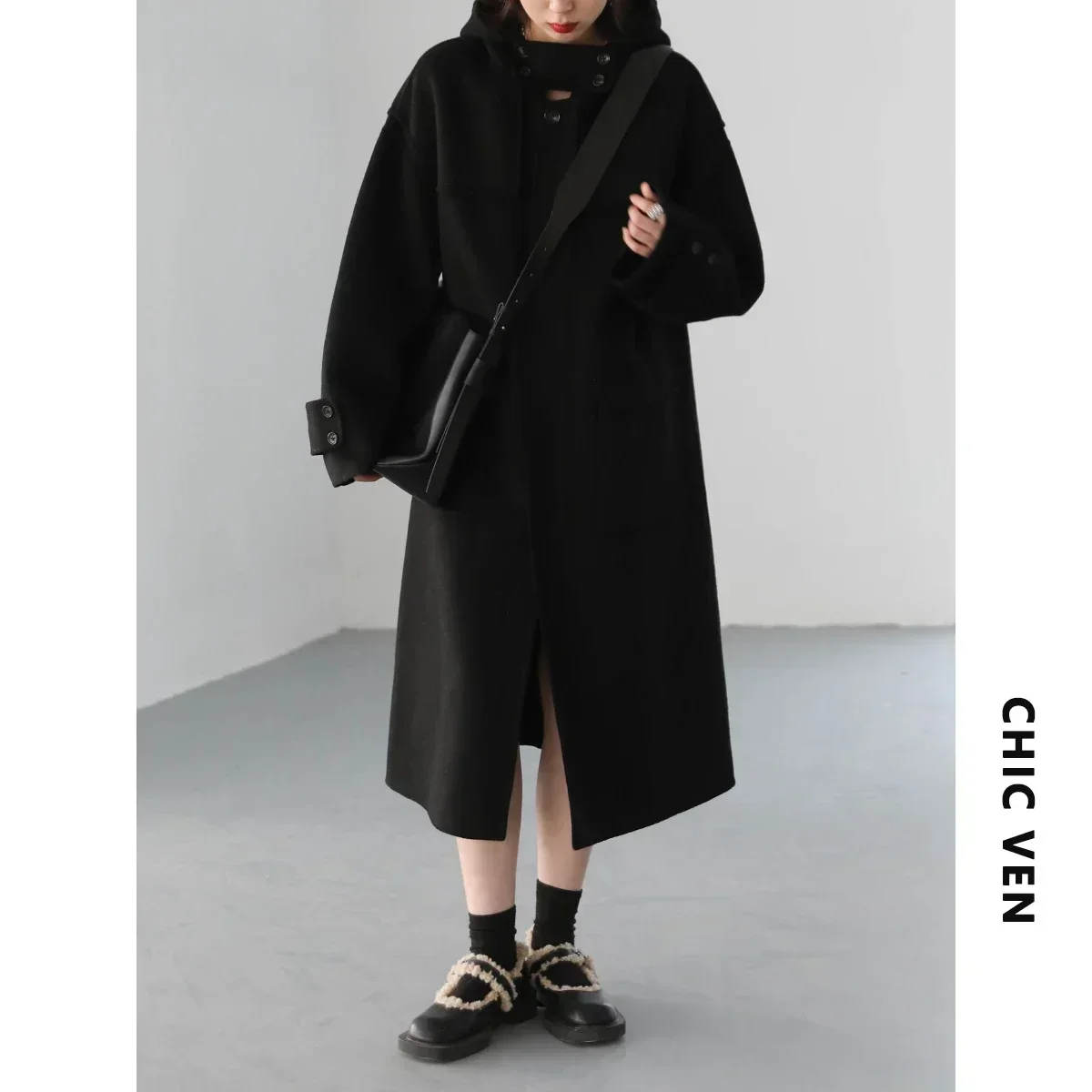 CHIC VEN Fashipn Cappotti Lunghi da Donna Monopetto Casual Allentato con Cappuccio Misto di Lana Cappotto Femminile Magliette E Camicette Autunno Inverno 2023 6