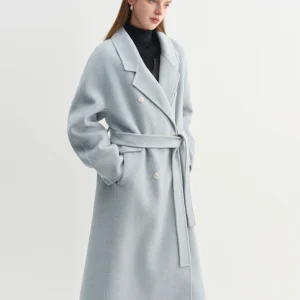 FSLE Cappotto di lana con colletto doppiopetto in cashmere Donna 2025 Pendolarismo invernale Cappotto semplice pigro allentato casual azzurro 1