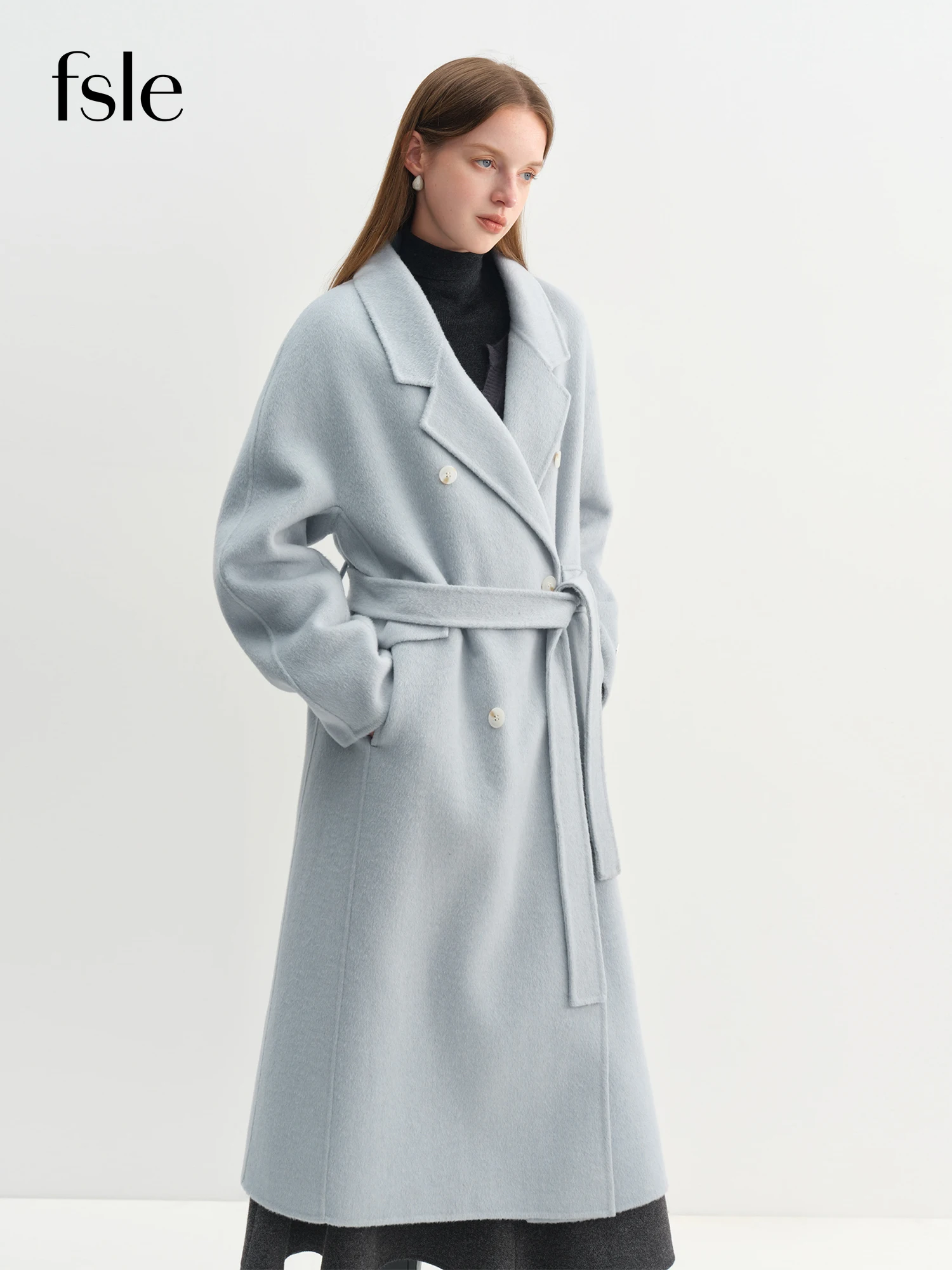FSLE Cappotto di lana con colletto doppiopetto in cashmere Donna 2025 Pendolarismo invernale Cappotto semplice pigro allentato casual azzurro 1