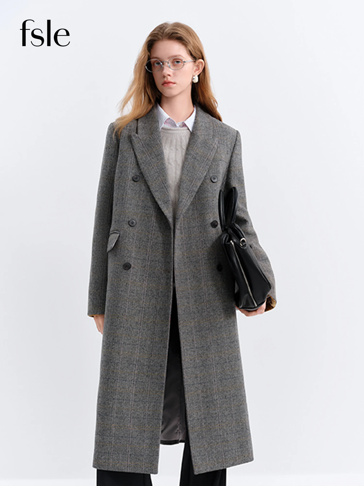 FSLE Blazer Cappotto di lana da donna Inverno 2025 Nuovo cappotto di lana retrò coreano Plaid Pendolarismo Caldo temperamento a metà polpaccio 1