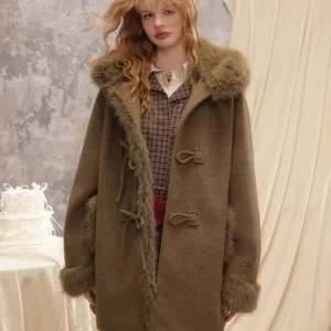 Cappotto con cappuccio da donna stile college, retrò e alla moda, con bordi in peluche e papillon, cappotto di lana 1