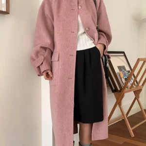 Giacche di lana da donna da ufficio con cappuccio fatte a mano 2024 Cappotti di lana lunghi larghi da donna monopetto autunno e inverno che riducono l'età 1