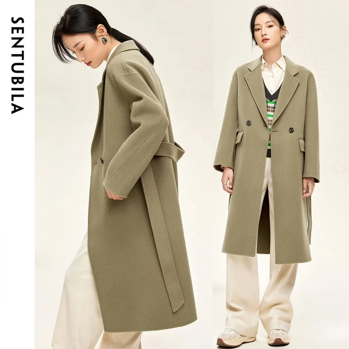 SENTUBILA Cappotto lungo in lana 100% per donna 2025 Inverno spesso sfoderato con cintura di media lunghezza caldo capispalla di alta qualità W44O56770X 1