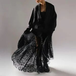 Y2K Gonna lunga in pizzo nero per donna 2025 Primavera Estate Gonna lunga svasata sexy a vita alta Abito elegante da spiaggia per feste da sera 1