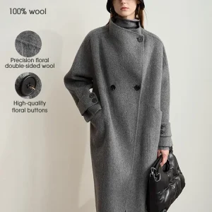 AMII Minimalismo 100% Lana Cappotto di Lana Double-sided per Le Donne 2024 Inverno Pendolari Manica Raglan Allentato Lungo Capispalla 12424063 1