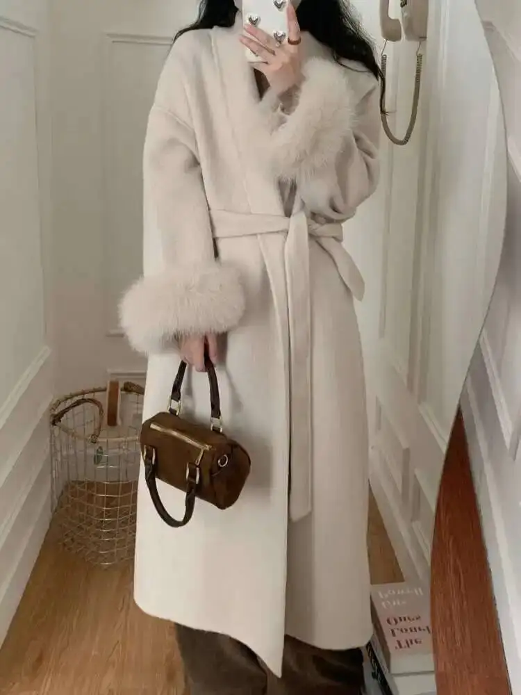 UCXQ Cappotto da donna elegante Stile europeo Marea Cintura All Match Pelliccia di volpe Patchwork Cappotto di lana a maniche lunghe 2025 Autunno Inverno 3C1723 3