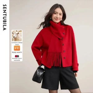 SENTBUILA Cappotto di Lana da Donna 2025 Inverno Manica Lunga Double-sided Giacche di Lana Sciarpa Staccabile Colletto Tasche Cappotti W54OG2451 1