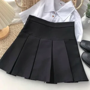 Minigonna a pieghe a vita alta con linea ad A che dimagrisce la copertura dei fianchi Primavera Estate Tessuto in poliestere stile dolce fresco Effetto rimbalzo 1