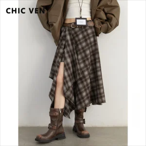 CHIC VEN Gonne da donna Una linea retrò allentata a vita alta colore irregolare plaid smerigliato metà corpo gonna lunga da donna inverno 2025 1