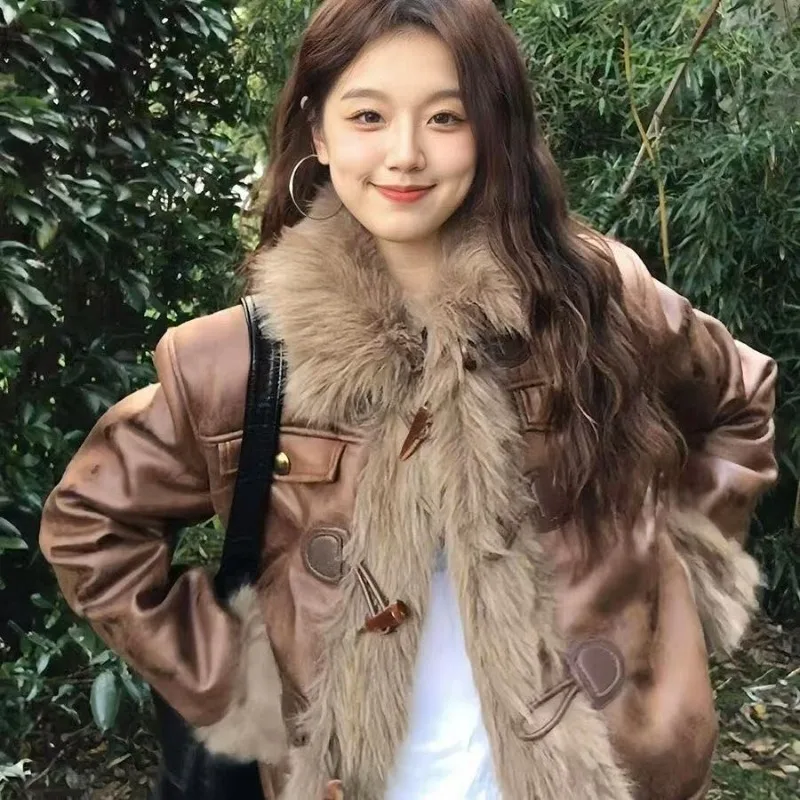 Cardigan con bottoni marroni in peluche ispessito in pelle PU Harajuku giacche oversize per donna moda abiti invernali giacche calde da donna 1