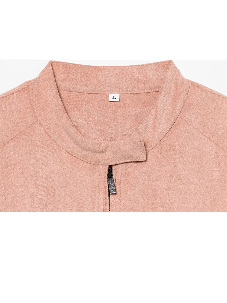 HH Donna Primavera Moda Colletto alla coreana Tinta unita Maniche lunghe Cerniera Giacca in pelle scamosciata Donna Chic Casual Sport Street Style Giacche 4