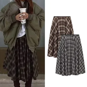 Gonna a ombrello scozzese retrò da donna nuova Gonna a trapezio autunno inverno con tasche Gonne di media lunghezza a vita alta da donna chic 1