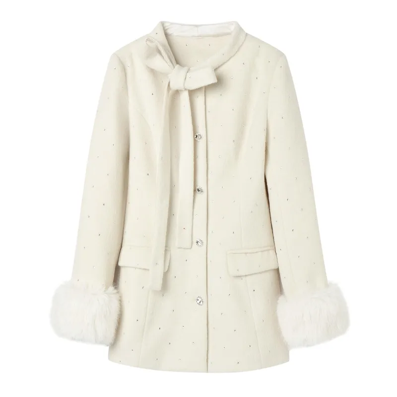 Francese elegante nuove donne top cappotti papillon o collo manica lunga vita alta sottile monopetto una linea misto lana cappotti giacche 5