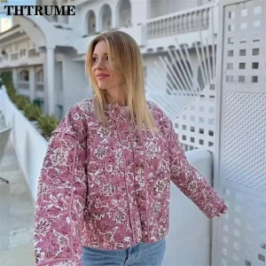 Giacca elegante da donna con stampa floreale Moda manica lunga Vintage Autunno Inverno Cappotti caldi Casual Communte O-Collo Chic Cappotto trapuntato 1