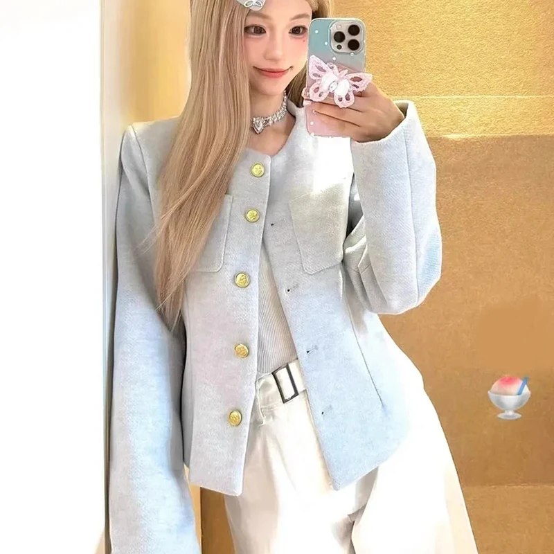 Cappotti corti chic blu francesi da donna elegante giacca da ufficio con piccola fragranza manica lunga o collo bottoni casual top slim delicati 2