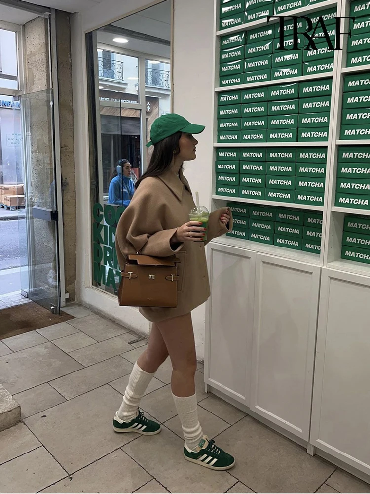 Donna Cappotto Casual Vintage Khaki Manica a pipistrello Risvolto Caldo Tweed Cappotto Autunno e Inverno Moda Sciolto Monopetto 6