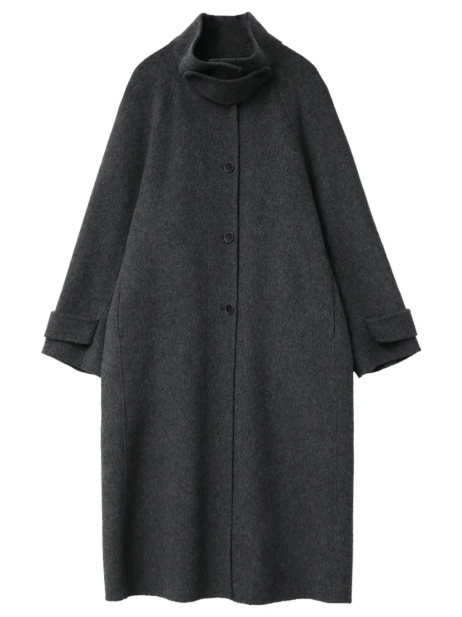 CHIC VEN Cappotto di lana da donna coreano monopetto allentato colletto alla coreana cintura lungo soprabito da donna double face autunno inverno 2024 4