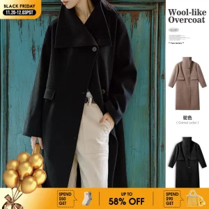 Maden Cappotto lungo classico in lana monopetto con risvolto Cappotto caldo versatile in tinta unita per l'autunno e l'inverno da donna 1