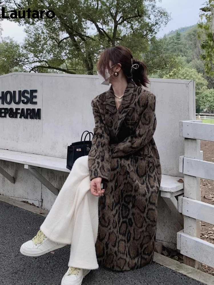 Lautaro inverno lungo caldo soffice colorato stampa leopardo lana e miscele cappotto per le donne fessura posteriore vestiti di lusso soprabito di lana 1