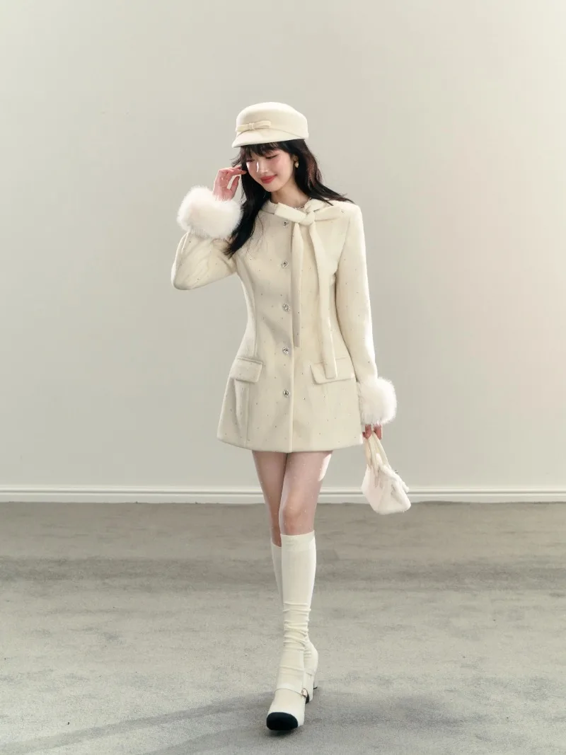 Francese elegante nuove donne top cappotti papillon o collo manica lunga vita alta sottile monopetto una linea misto lana cappotti giacche 4