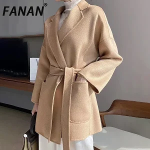 FANAN Elegante cappotto di lana double face con motivo ondulato dell'acqua Cintura moda donna Cappotti di lana Office Lady High End Inverno Nuovo 1