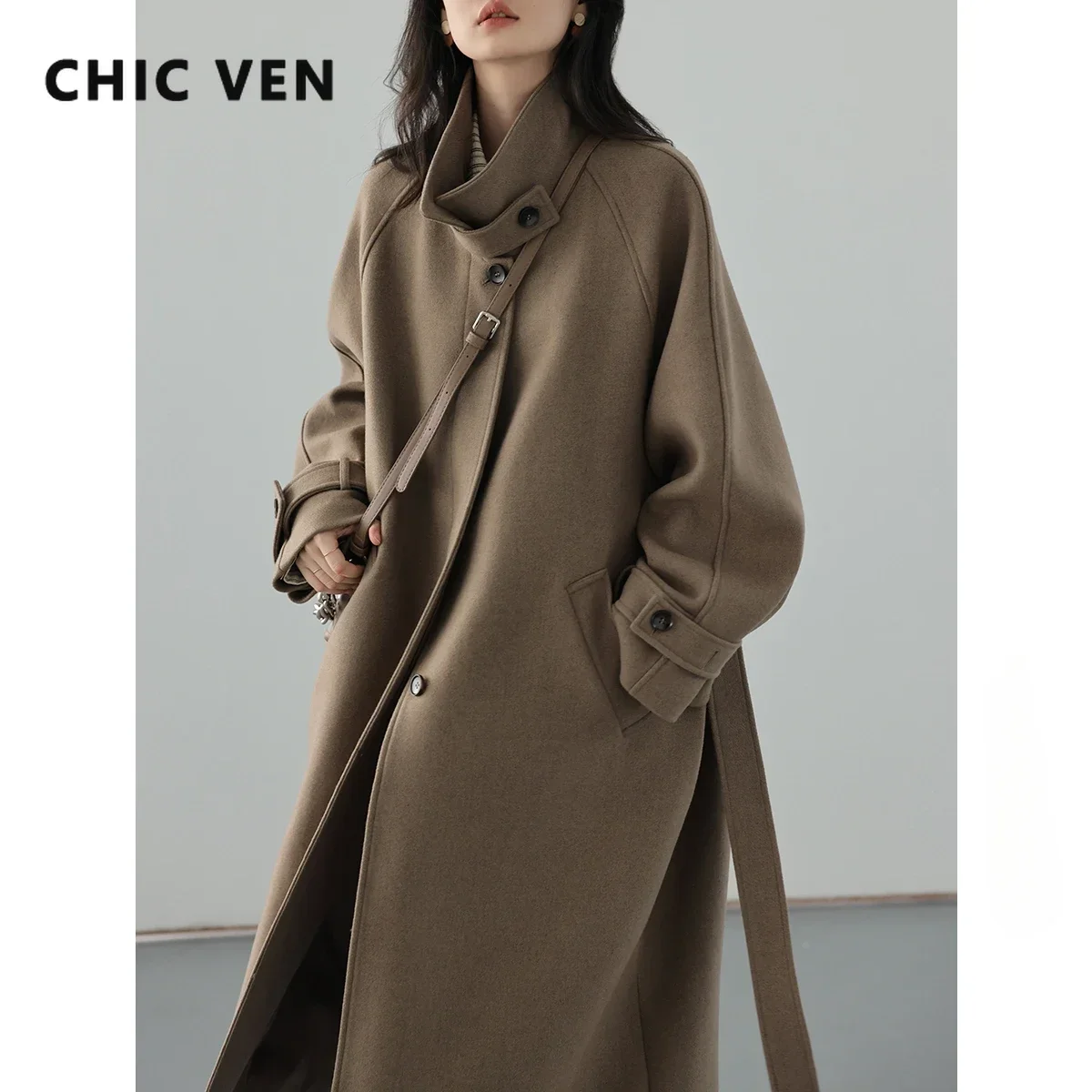 CHIC VEN Women Long Trencn Coat cintura in piedi cappotto di lana con lacci maniche Raglan cappotto lungo Office Lady autunno inverno 2023 2