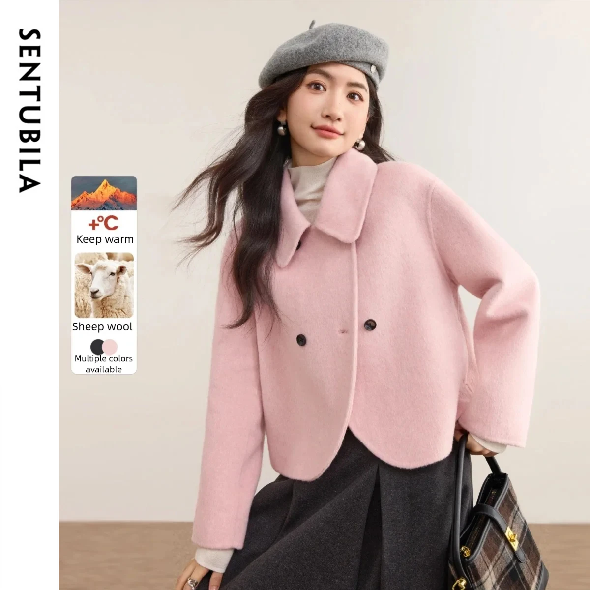 SENTUBILA Cappotto in misto lana da donna 2025 Inverno Double-face Colletto con risvolto Cardigan Femme Solid Capispalla corto Elegante W54OC1879 1