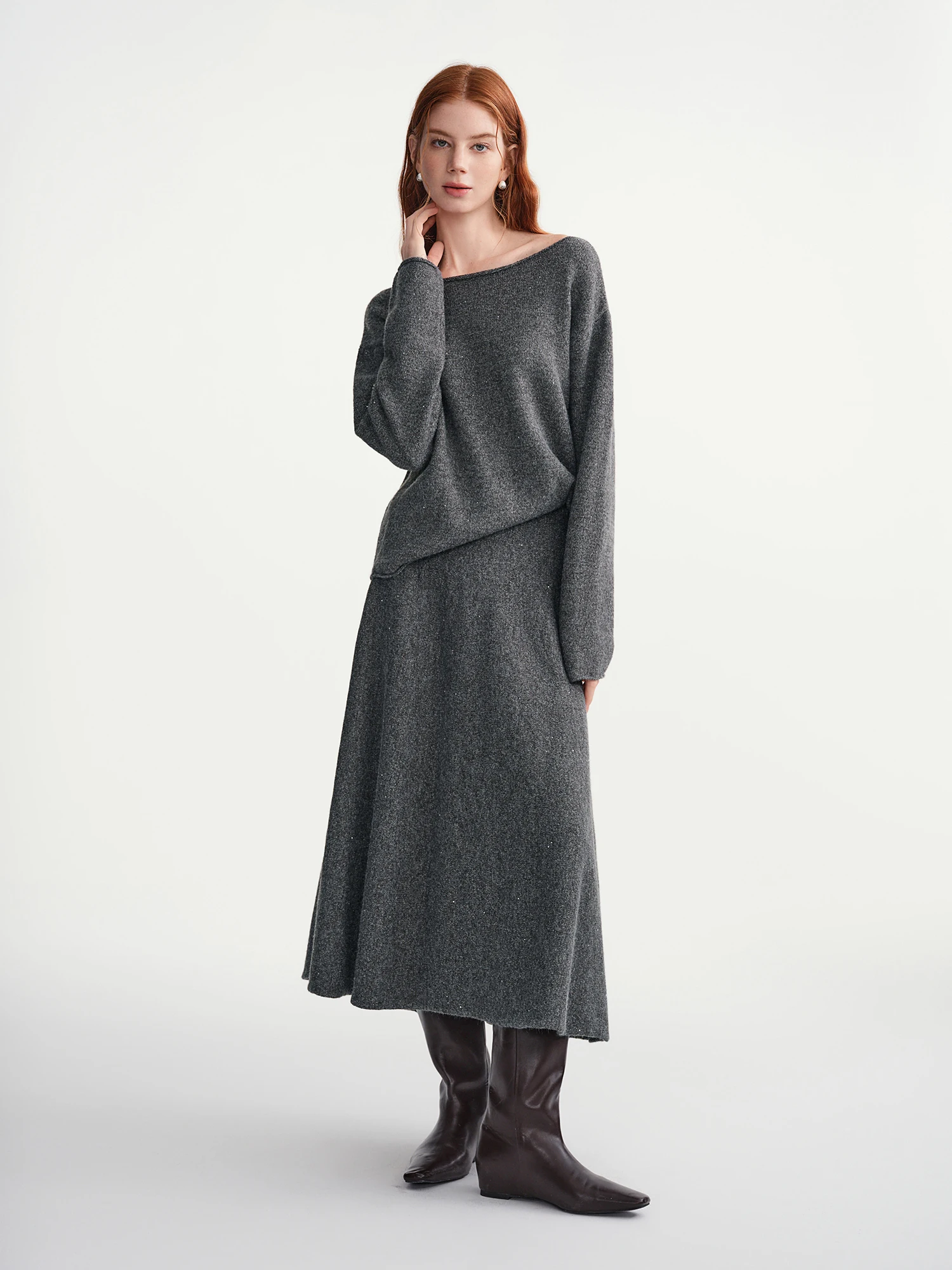 DUSHU Gonne set Donna Grigio Slash Neck Maglione allentato Abito lavorato a maglia Pendolarismo Office Lady Due pezzi Inverno Semplice Unisex Ins 4