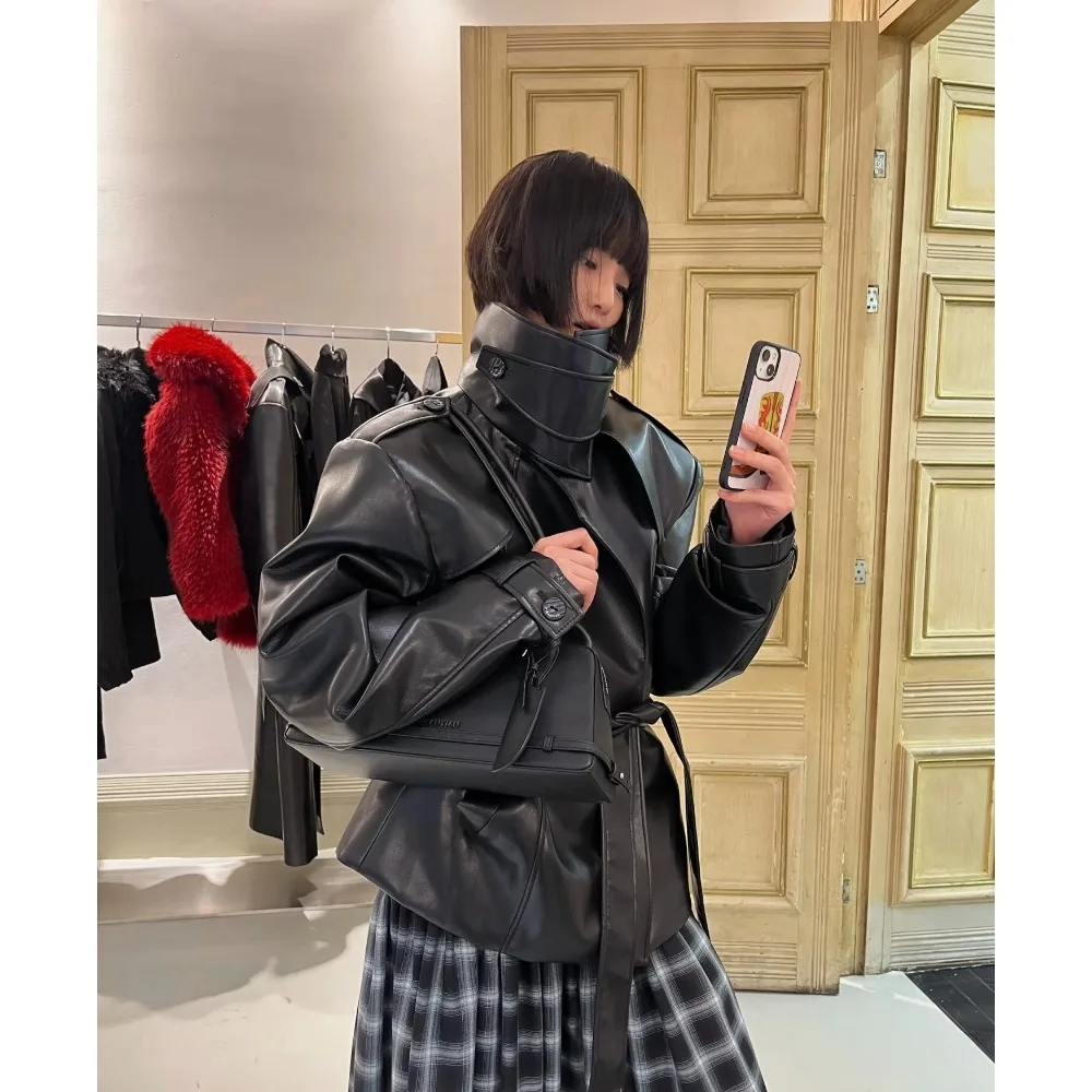 25 Autunno Inverno Millennium High Street Y2K Giacca in pelle su misura con colletto alto in pelle con motivo litchi bello 2