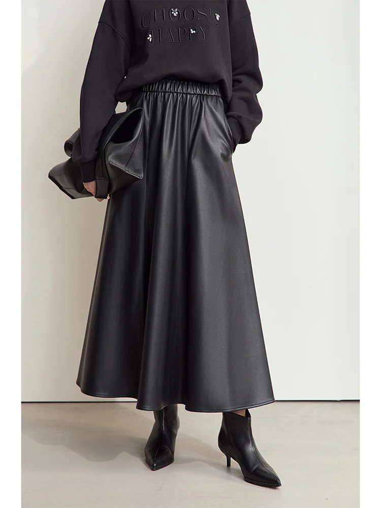 AMII minimalista pendolare Chic gonna per le donne 2024 inverno PU elastico in vita in pelle Multi-pezzo Patchwork gonna ombrello 12444168 4