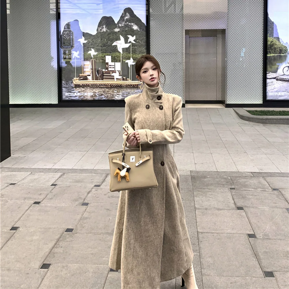 FZCSPEED Trench lungo da donna Colletto rialzato Cappotto in lana Cappotto doppiopetto alla moda per pendolari in vita Cachi 2