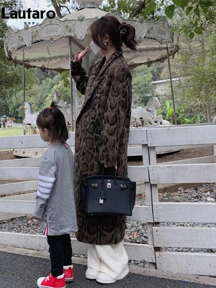 Lautaro inverno lungo caldo soffice colorato stampa leopardo lana e miscele cappotto per le donne fessura posteriore vestiti di lusso soprabito di lana 5