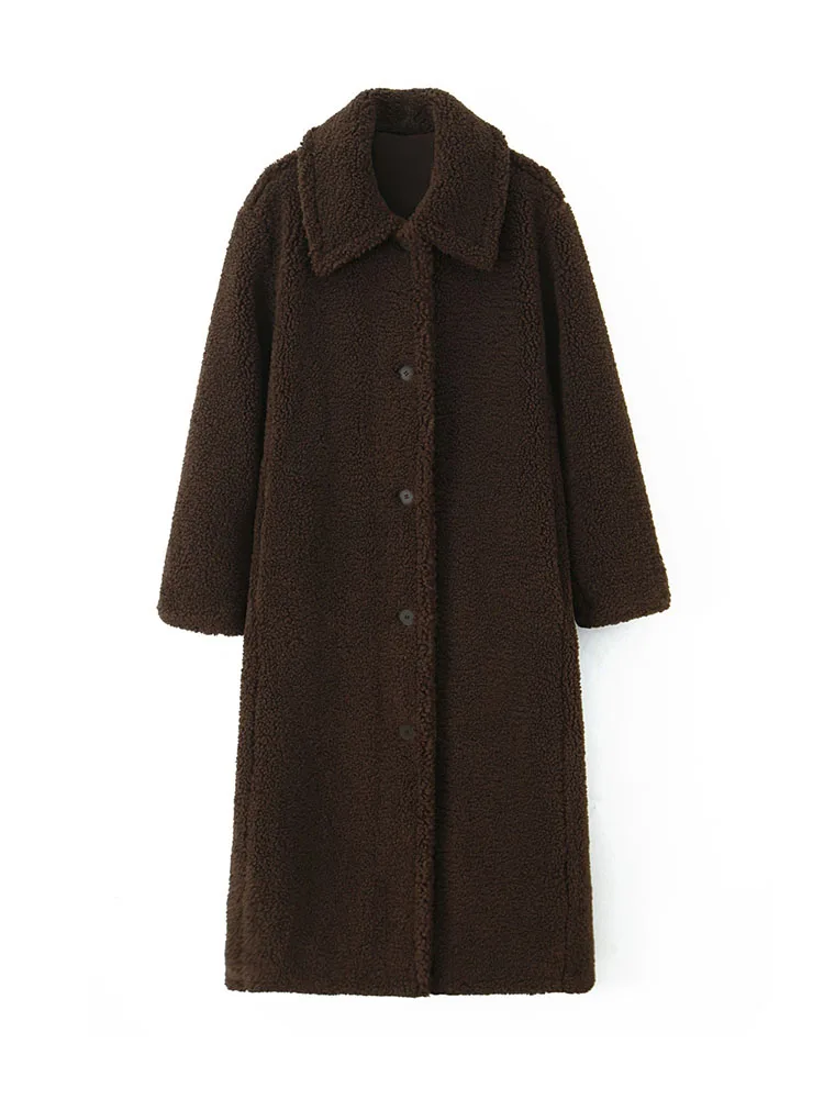 HH Cappotto invernale da donna a maniche lunghe monopetto in pile di perle con tasca laterale Decorazione Cappotto lungo comodo casual femminile 2