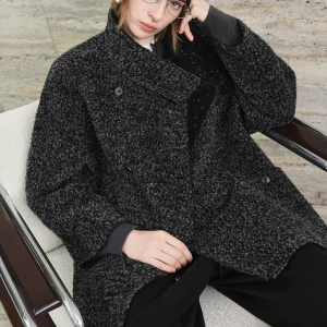 FSLE【Serie Premium】 Soprabito da donna in misto lana con collo alto e motivo tweed - Elegante cappotto lungo invernale per business casual 1