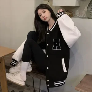 Giacca da baseball da donna allentata American Retro Patchwork Color Block Primavera Autunno Nuovo stile Capispalla allentato coreano versatile 1