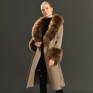 Jaxmonoy Trench in lana cashmere da donna Colletto in pelliccia di grandi dimensioni Cappotto elegante double face con cintura Cappotto primaverile e autunnale 1