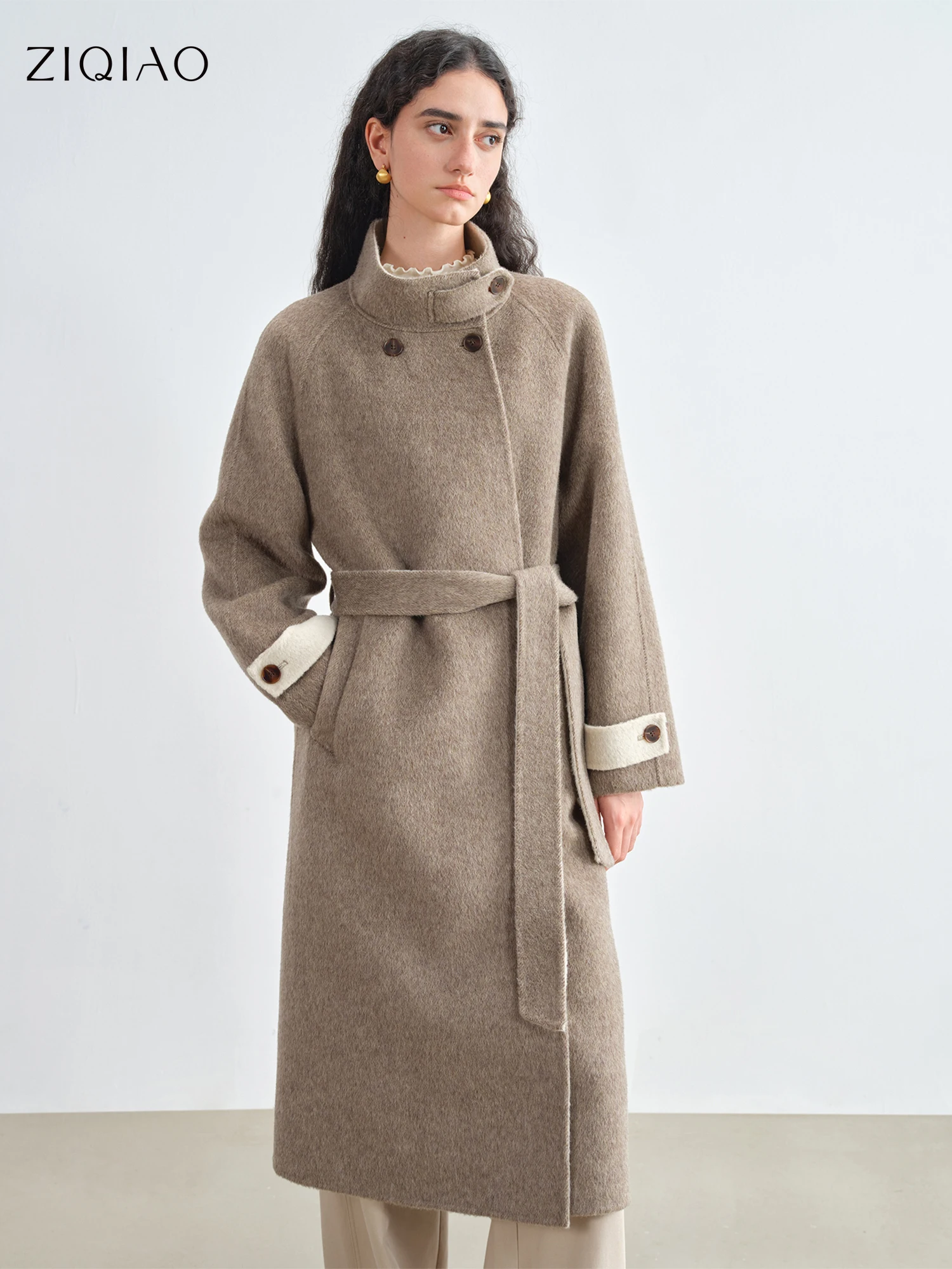 ZIQIAO Petite Cappotto di lana double face in pelo di cammello per donna 2025 Cappotto di lana giacca a vento nuovo stile Colletto alla coreana Retro elegante 1