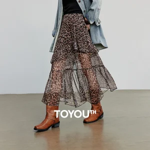 TOYOUTH Gonna alla caviglia da donna 2025 Autunno New Wilderness Nomadic Style Gonna elegante in chiffon con spacco aperto stampato leopardato 1