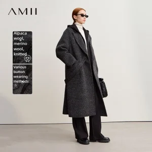 AMII Cappotto di lana da donna 2025 Inverno Nuovo colletto lungo allentato con risvolto con cintura Elegante cappotti di lana double face per donna 12554070 1